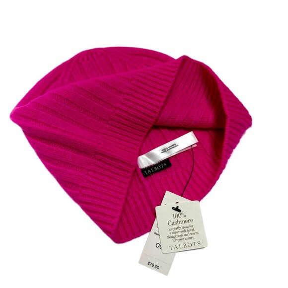 Talbots 100% Cashmere Rib Knit Beanie Hat – Neon Pink – NWT - Picture 2 of 5